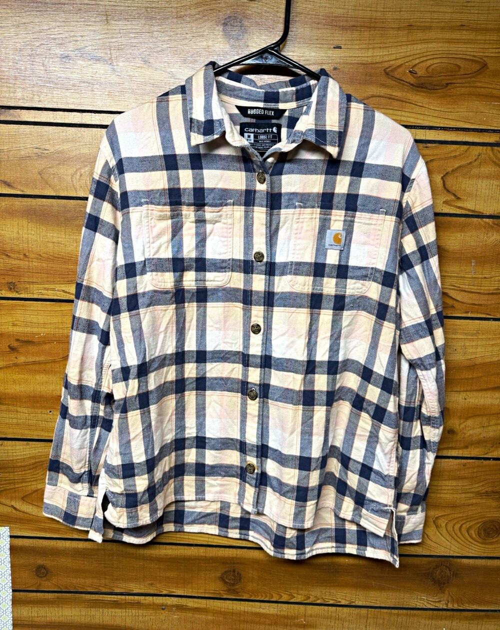 Carhartt Rugged Flex Womens Sz M Flannel Plaid Long Sleeve Button-Up Pockets
